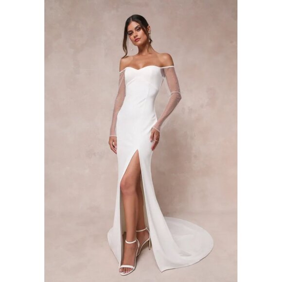 Lulus Eternally Beloved White Mesh Off-the-Shoulder Pearl Maxi Wedding Dress Sz - Picture 9 of 16